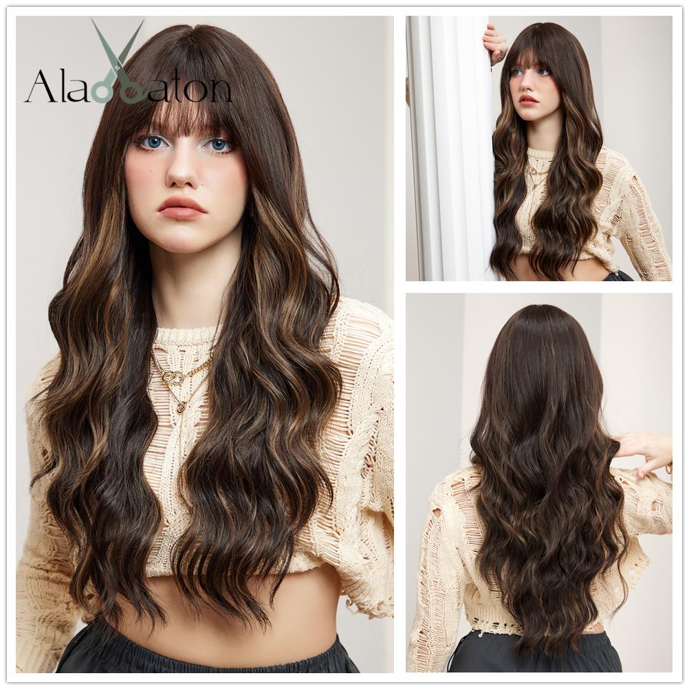 EASIHAIR Ash Brown Highlight Synthetic Wigs Long Wavy Wig With Bangs for Women Ombre Mixed Color Daily Use Wig Heat Resistant