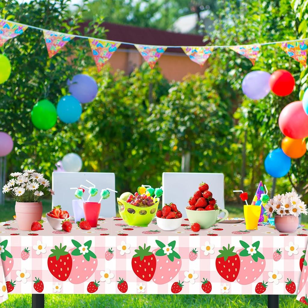 2 Pcs Strawberry Tablecloth, 54 x 108 Inch Pink Plaid Checkered Strawberry Tablecloth, Gingham Berry Sweet One Table Covers for Baby Shower, Berry