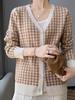 Women's V-Neck Houndstooth Color Block 100% Wool Cardigan Sweater