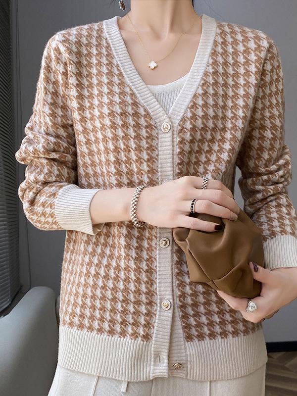 Women's V-Neck Houndstooth Color Block 100% Wool Cardigan Sweater