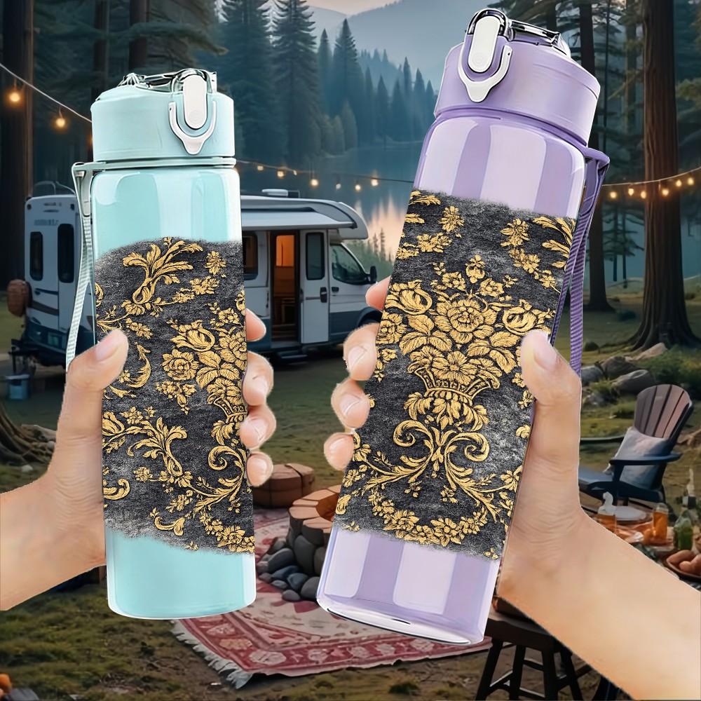 1PC Dark Vintage Damask Pattern Print 750ml Color Plastic Sports Water Bottle Leakproof Flip Straw Lid Suitable for Sports Office Home Use