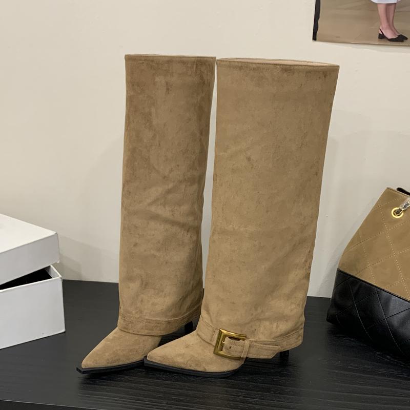 Eilyken Winter Design Splicing Square Buckle Knee-High Boots Women Pointed Toe Stripper Shoes Sexy Thin Heels Largas De Mujer