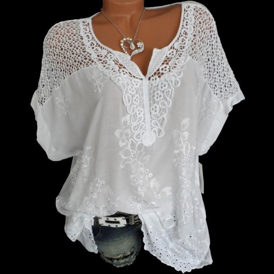 Bestseller Women s Fashion Floral Lace V-Neck Embroidered Short Sleeve Batwing Top S белый