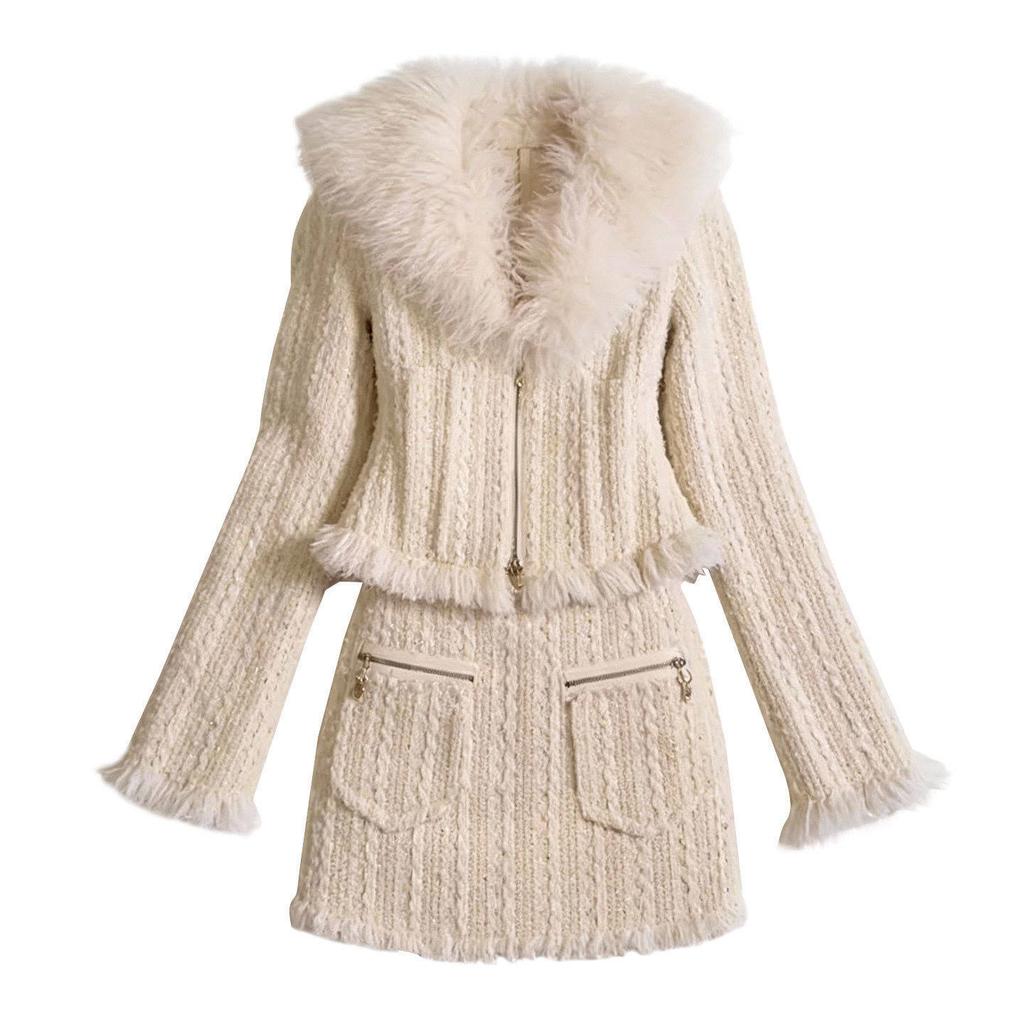 Korean Version of Qianjin Style High-end Two-piece Set for Women's Spring and Autumn Xiaoxiangfeng Design Fur Collar Jacket Skirt Set