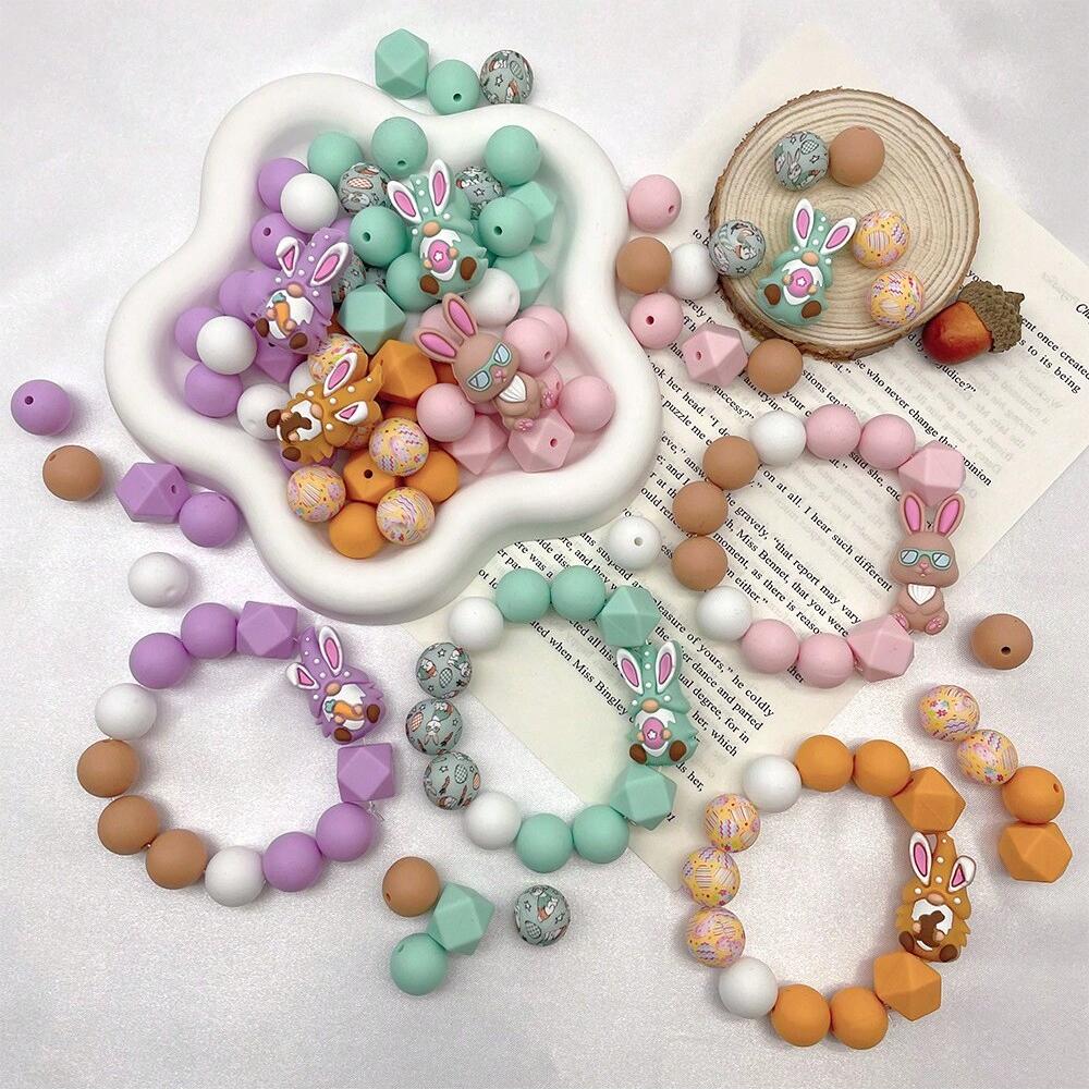 4/26/30/52PCS Easter bunny silicone beads, suitable for bracelets, keychains, lanyards, pen accessories, holiday accessories