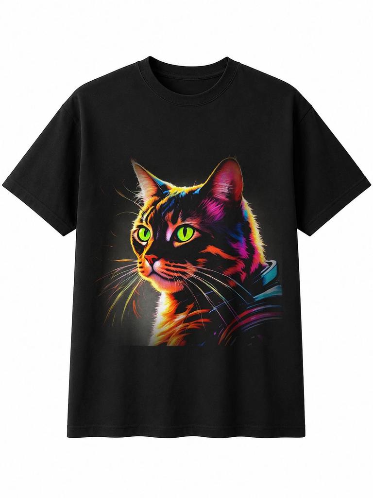 Neon Space Cat Brushstroke Space Mens T-Shirt Black 100% Cotton Sci Fi Printed