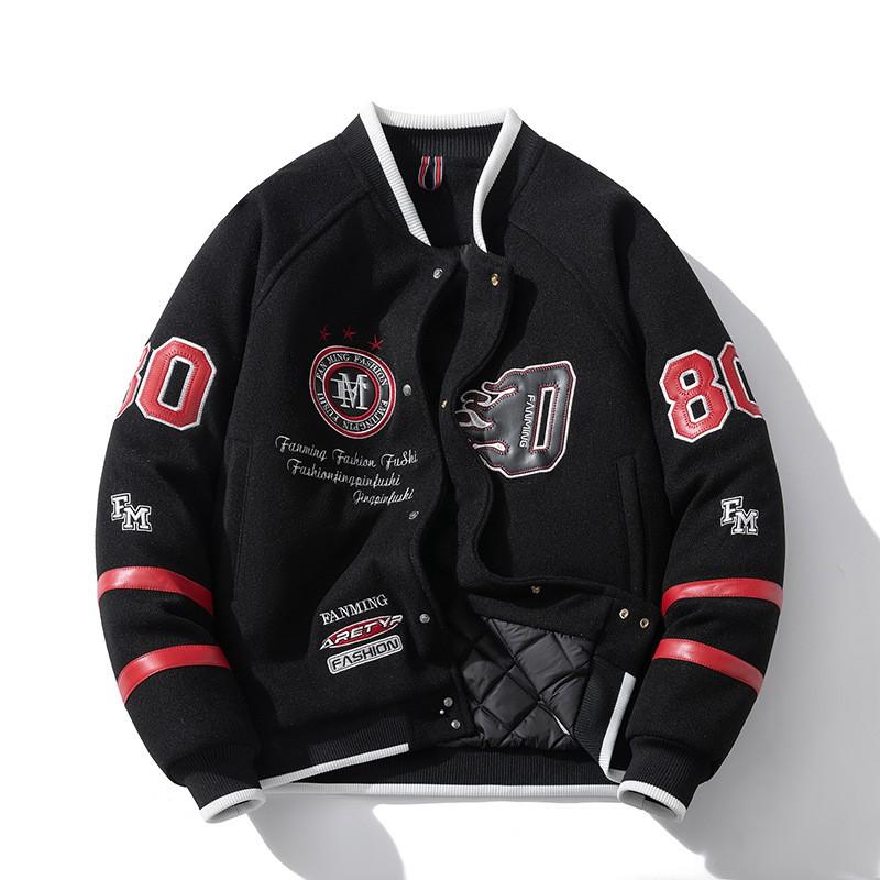 Unisex Vintage Baseball Jacket Warm Thickened Wool Blend Oversized Hoodless Outerwear Winter Daily Wear