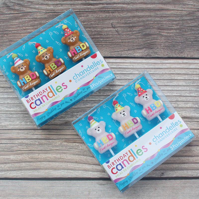 Cartoon 3 Little Bear Birthday Candles HBD Brown Cute Party Hat Little Bear Children's Cake Candle Decoration