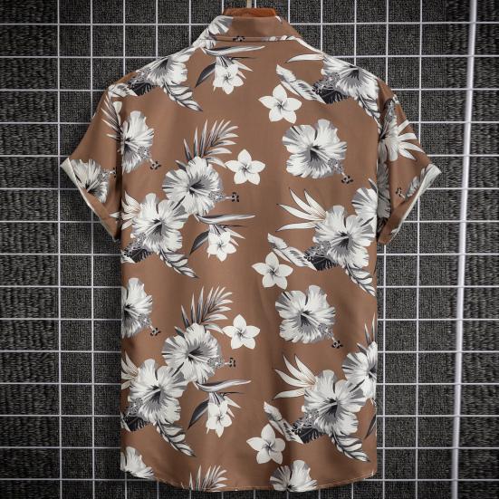 Lapel Short Sleeve Men Shirt Buttons Closure Thin Anti-pilling Summer Flower Printed Hawaiian Shirt Beachwear