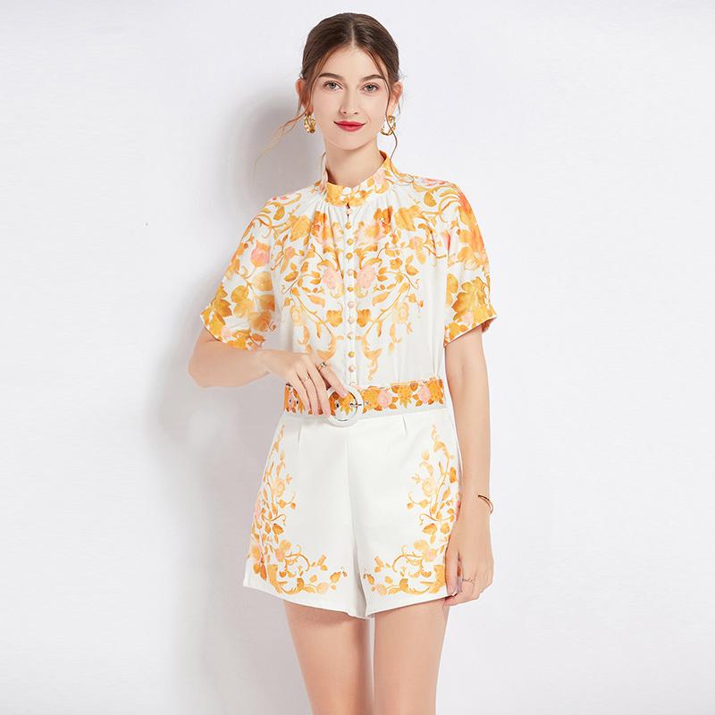 Spring Summer Runway Flower Pant Suit Women Long Sleeve Holiday Floral Print Shirt Top + Pocket Shorts 2 Piece Set