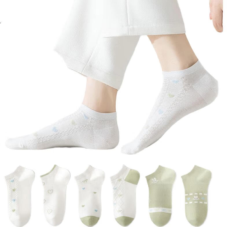 MiiOW 6 Pairs of Women's Socks, Summer Fresh Mesh Boat Socks, Thin Student Cute Casual Socks, Low-Cut Non-Slip Heel