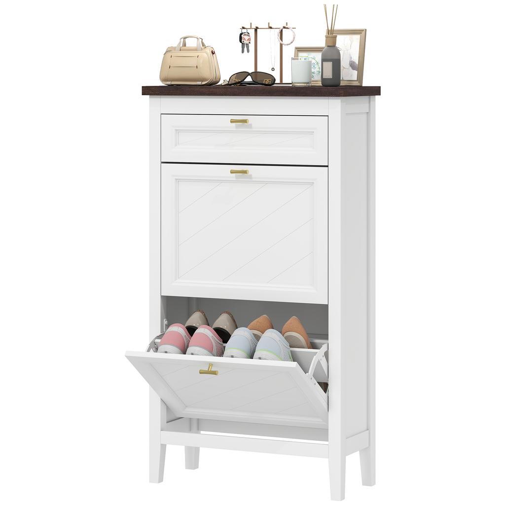 Shoe Cabinet with 2 Flip Drawers, Farmhouse Narrow Shoe Storage Cabinet with Adjustable Shelves, White