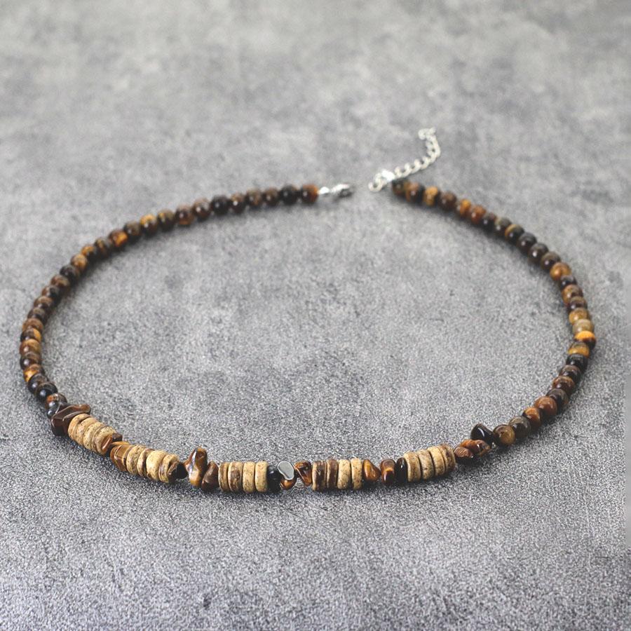 Novel Men Necklace 20 Inches Natural Coconut Husk Tiger Eyes Blue Howlite Stone Short Collar Outdoor Cycling Accessories Joias