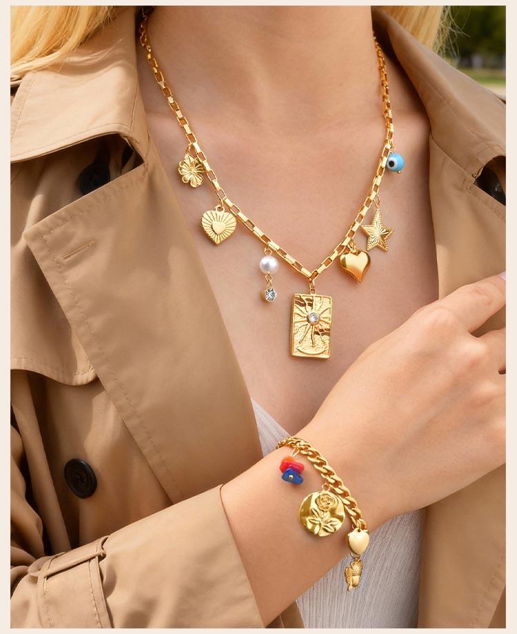Stainless Steel Flower Bee, Butterfly Heart-shaped Charms Pendant Bracelet, Handmade Waterproof New Wrist Chain Jewelry