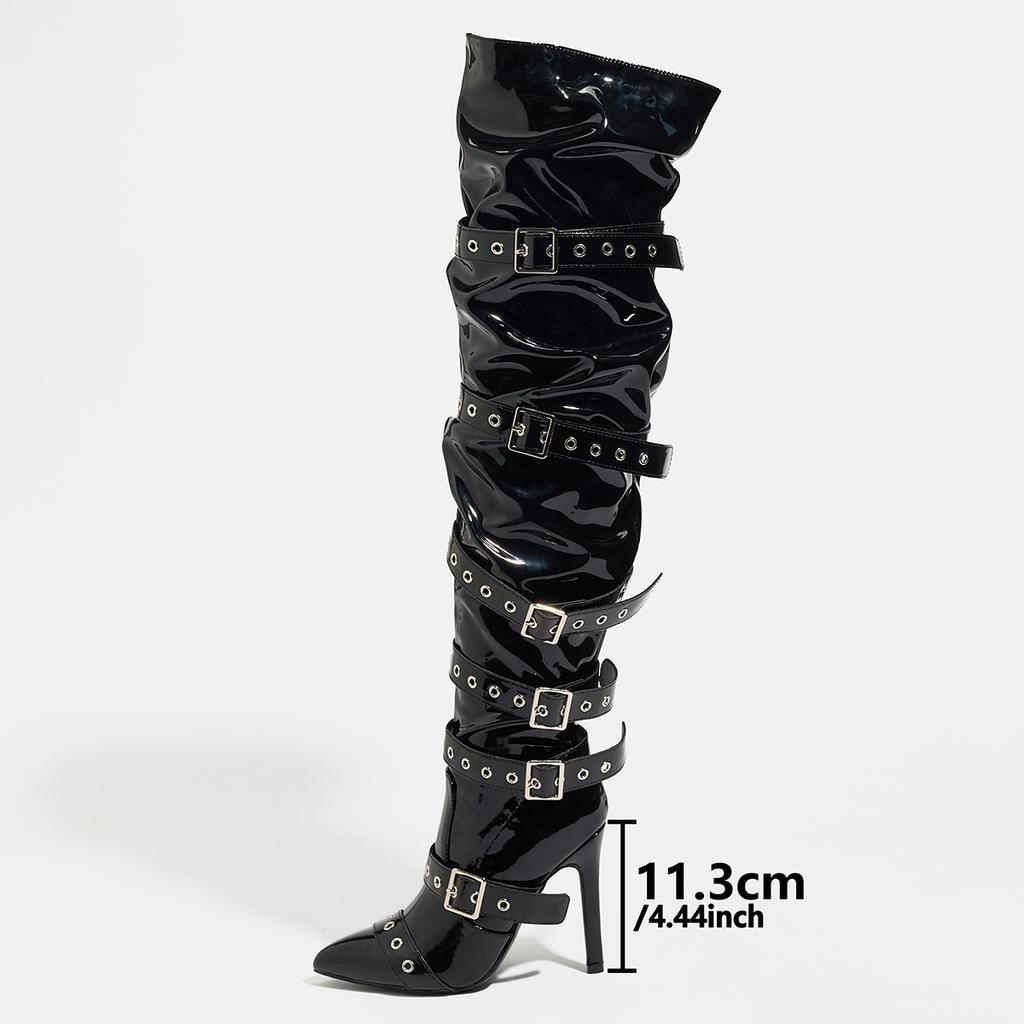Black Sexy Thin High Heels Patent Leather Women Over The Knee Boot Design Style Narrow Band Buckle Strap Stripper Shoes