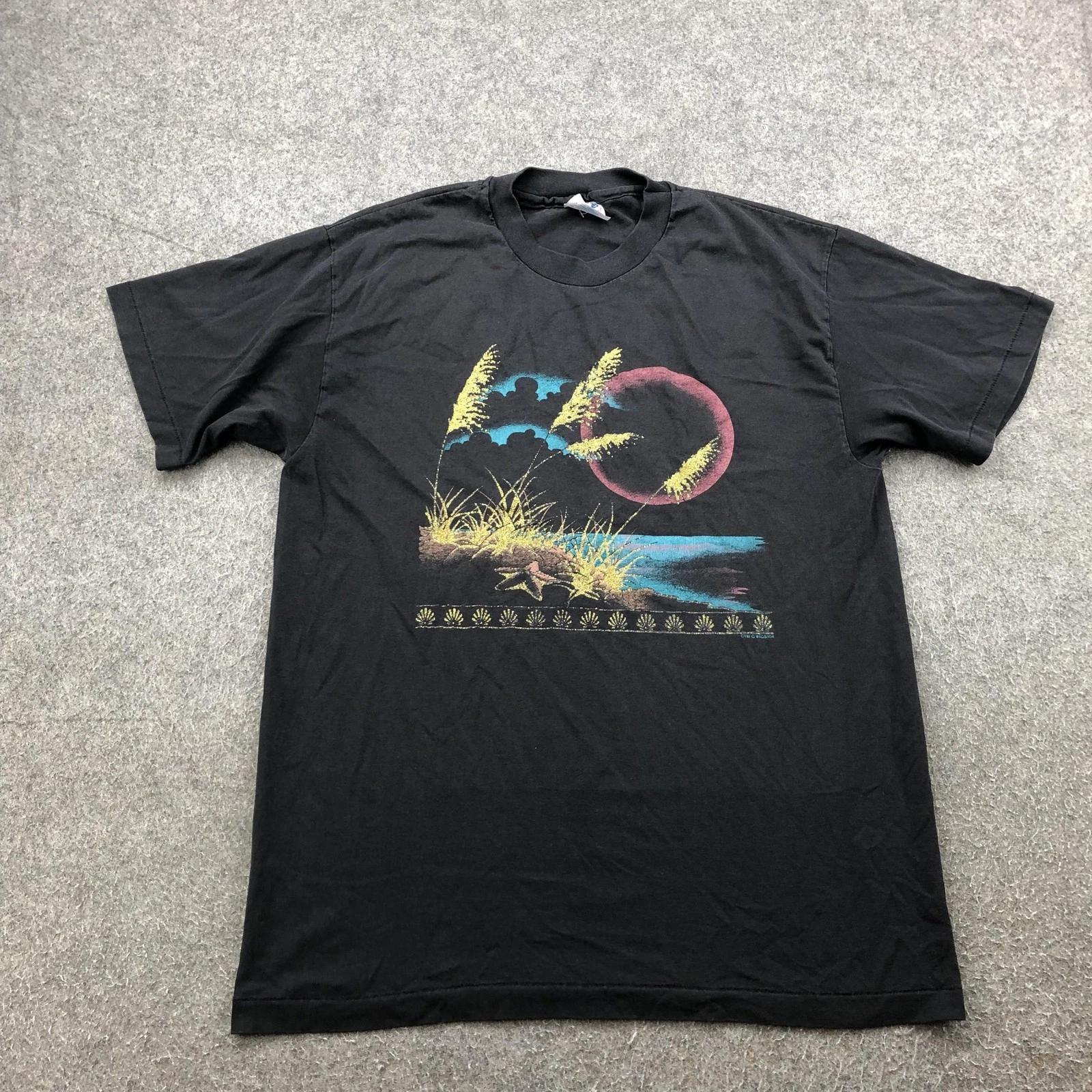 

VINTAGE Nature Shirt Mens Large Black Beach Starfish Moon USA 50/50 Graphic 90s M