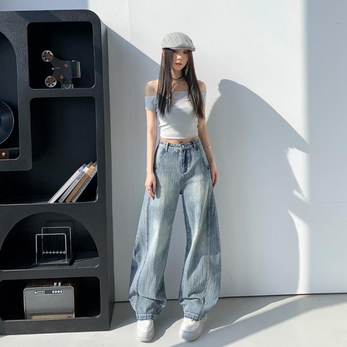 

Женские джинсы-шаровары цвета парижский синий с бамбуковым узором - Весна 2025 Уличный стиль Свободный крой XL