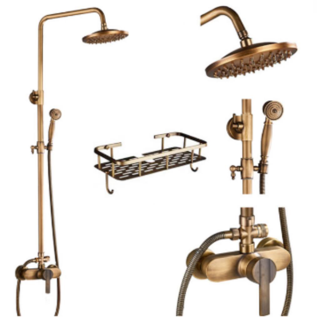 Antique Bathroom Rainfall Shower Faucet Set Wall Mount Dual Handle With Handshower Brass Bathroom Shower Mixer Tap