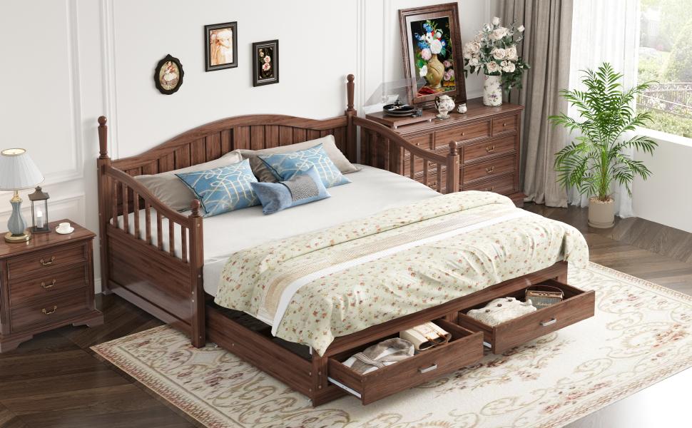 Extendable Sofa Bed 90/180*190 cm, with Roman Columns, Curved Backrest and Armrests, Drawers and Slatted Frame, Multifunctional Bed Pine Wood, Walnut