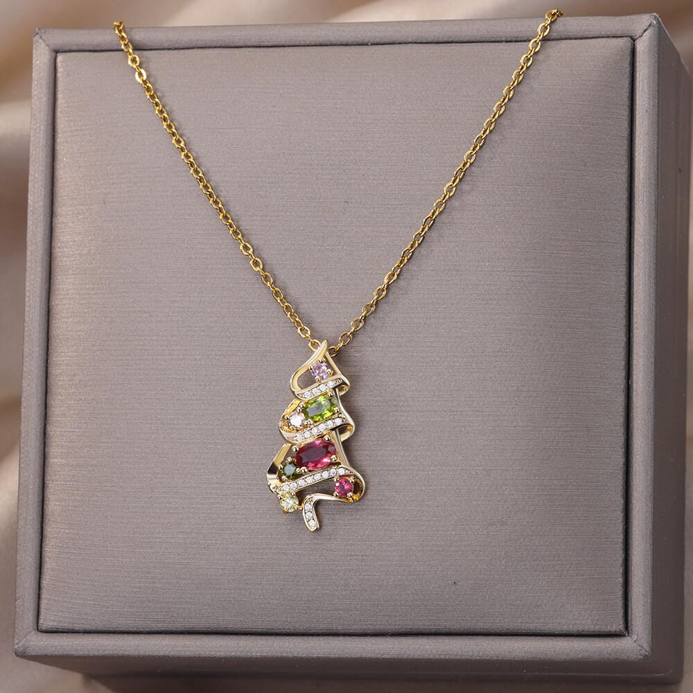 Coloful Christmas Tree Neckalces For Women Stainless Steel Gold Color Tree Pendant Neckalce Party Christmas Jewelry Gift Femme
