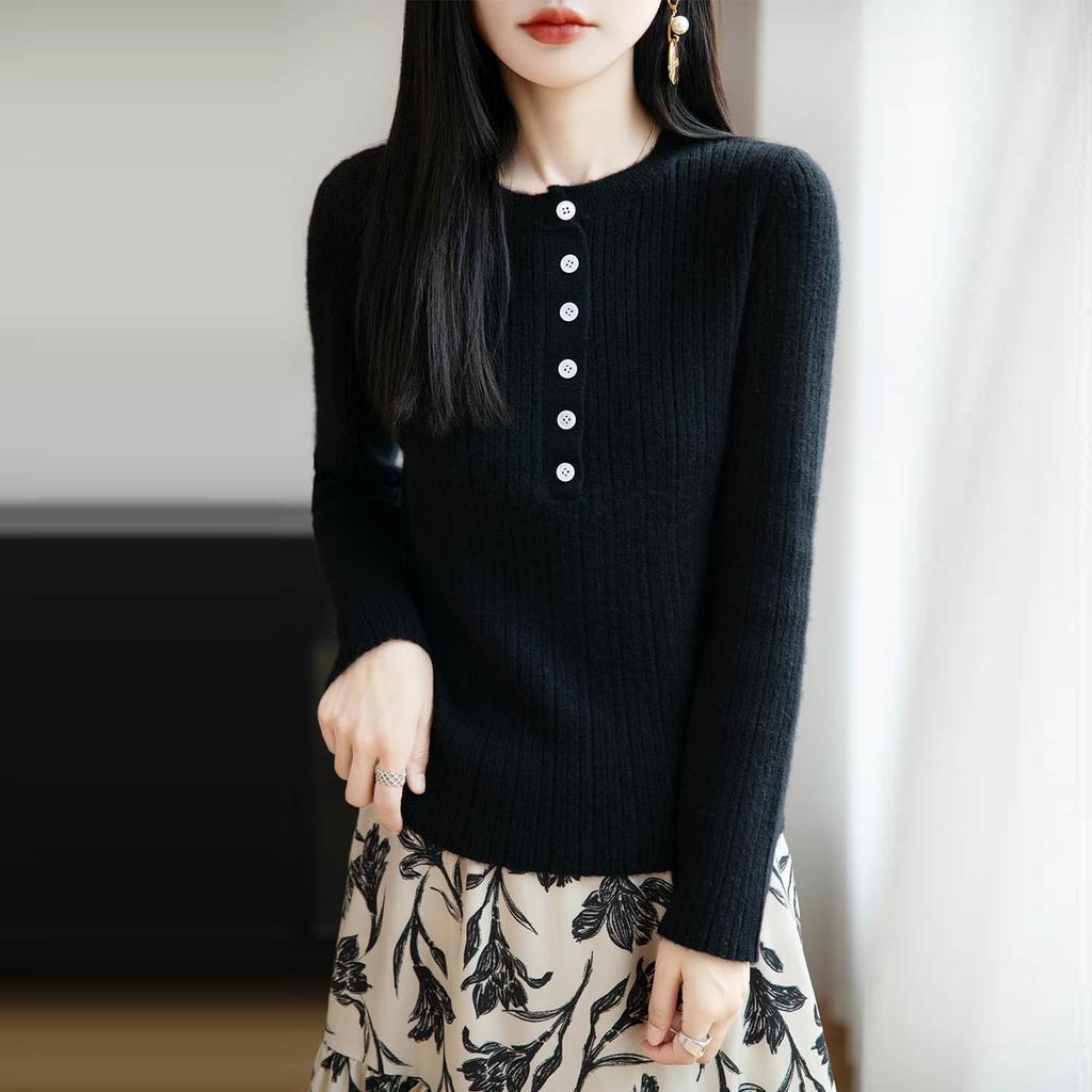 Women's Solid Color Wool Knitwear: Single-Breasted, Long-Sleeve, Round Neck, 2025 Autumn Collection
