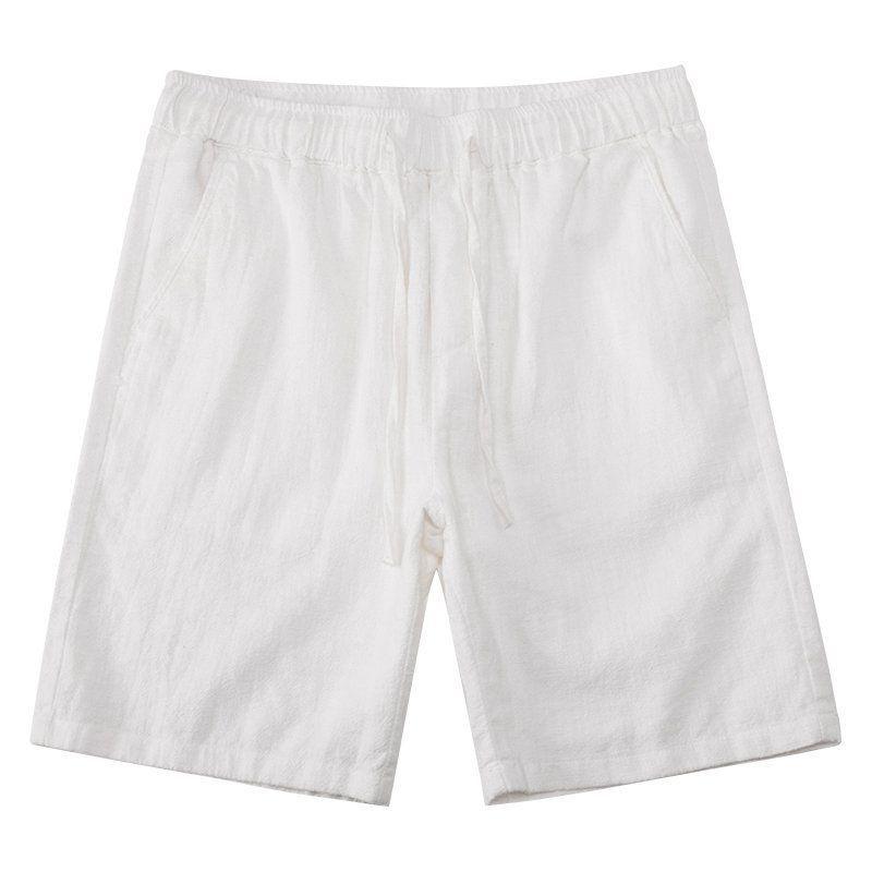 Summer Thin Grey Cotton and Linen Capre Pants, Men's Solid-color Loose Straight Stretch and Tight Waist Beach Casual Shorts
