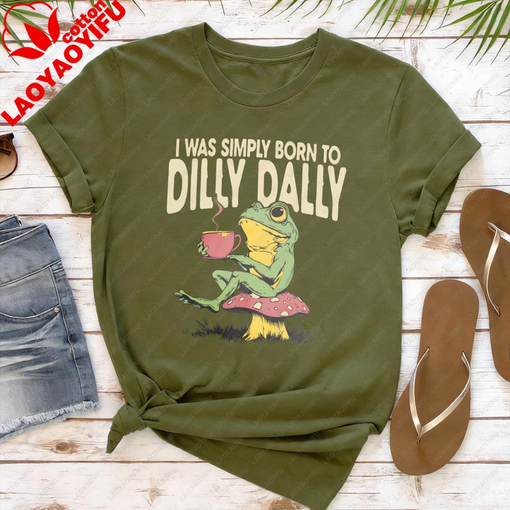 Born To Dilly Dally TShirt Vintage Frog Tshirt Funny Retro Graphic Tee Funny Womens Aesthetic Shirt Daily Life Casual Tops