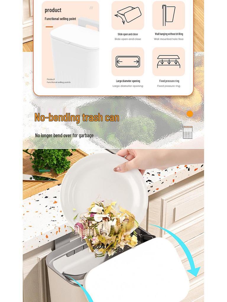 Large Wall-Mounted Kitchen Trash Bin with Sliding Lid for Food Waste