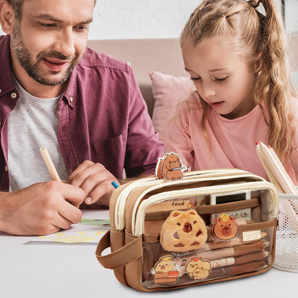 hot Cute Capybara Canvas Pencil Case Set With Doll Stickers Spacious Layered Compartment Zipper Closure Back To School Supplies