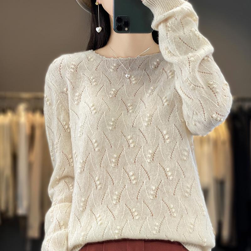 2023 Early Autumn Women's Round Neck Solid Loose Knit Hollow Wool Sweater Top