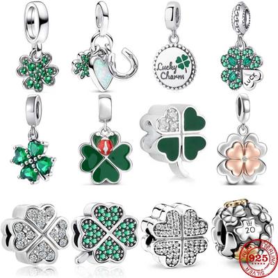 Pandantiv trifoi cu patru frunze din argint 925, Charm Bead, Bijuterii DIY pentru Femei, Brățară iarbă norocoasă, Accesorii de Modă
