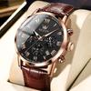 OLEVS Men's Stylish Waterproof Watch with Brown Leather Strap, Date Display, Analog Quartz, Black Dial