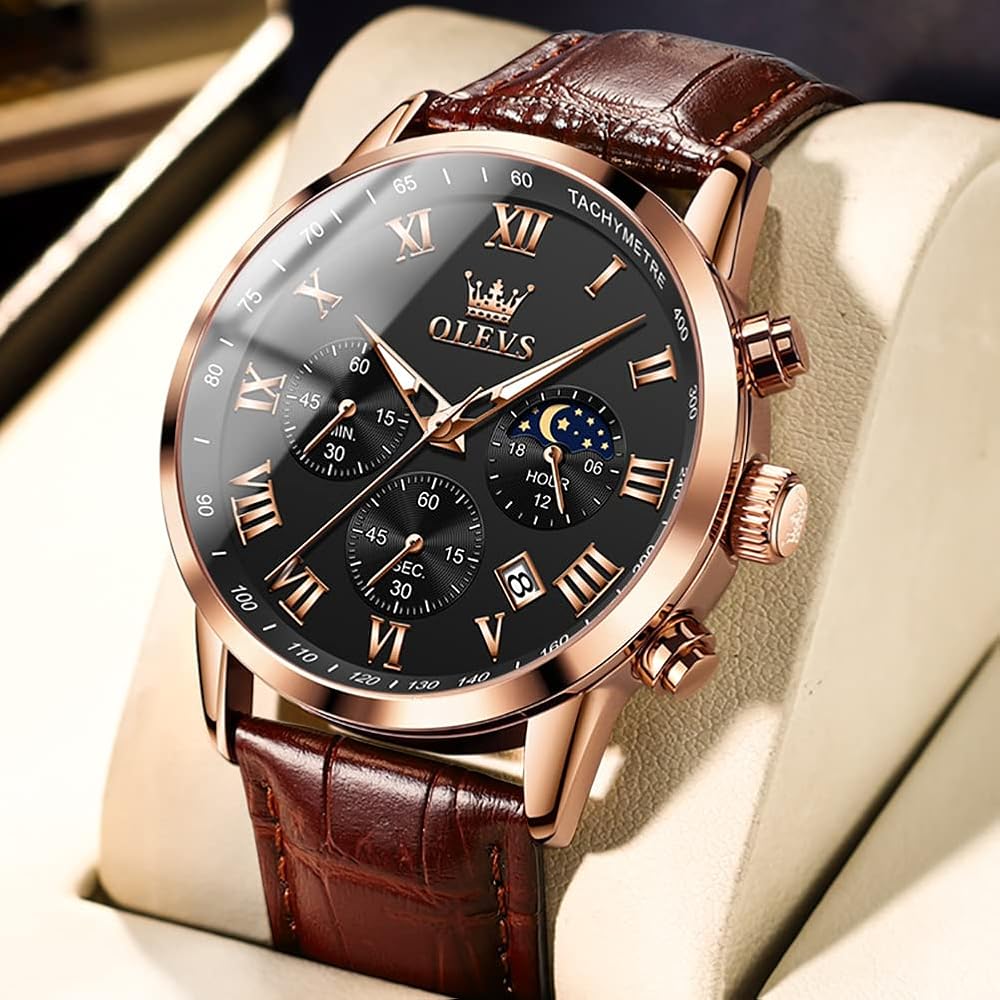 OLEVS Men's Stylish Waterproof Watch with Brown Leather Strap, Date Display, Analog Quartz, Black Dial