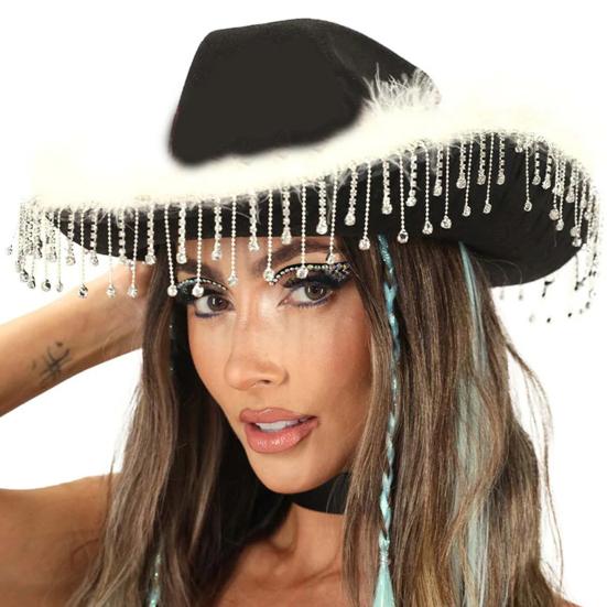 Cowboyhatt Kreativ Komfortabel å ha på Bred brem Skinnende Utkledning Rhinestone Dusker Fjær Western Cowboyhatt for Fest