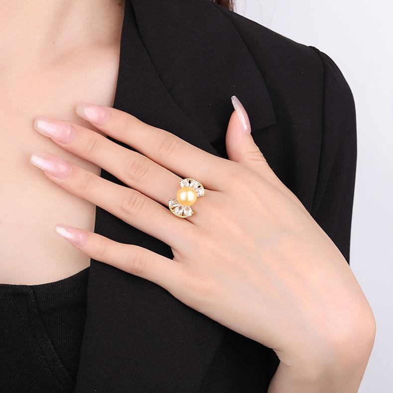 10mm Butterfly Knot Pearl Ring Micro Inlaid Zircon White Shell Imitation Natural Mother Of Adjustable