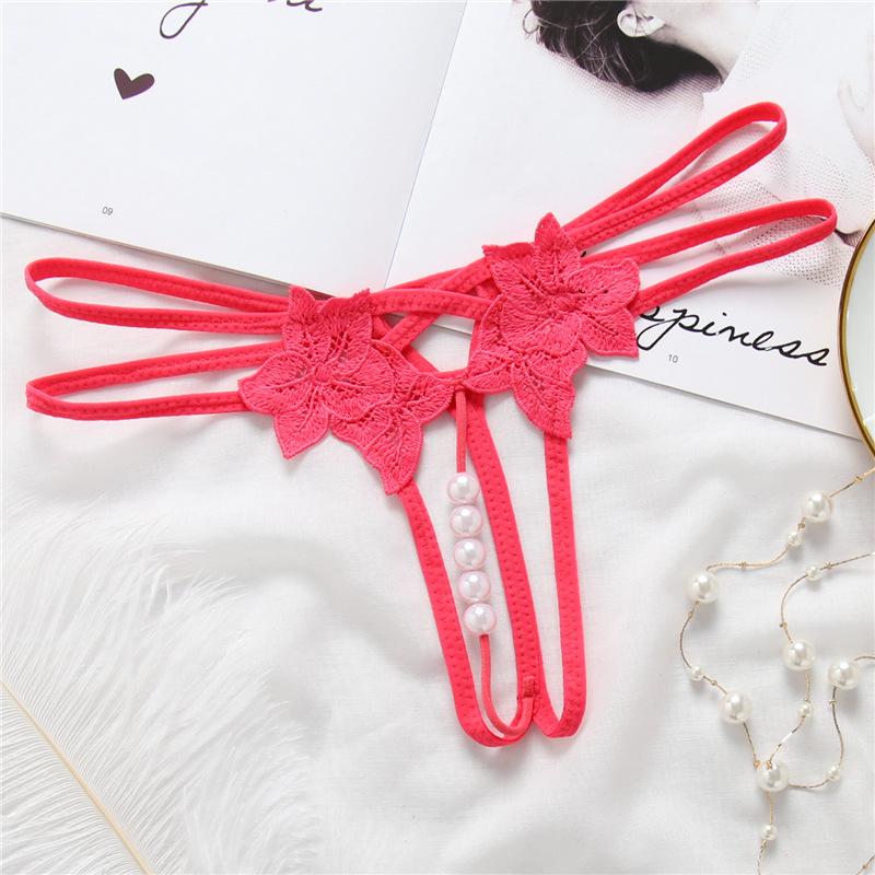 Women Sexy Lace Panties Thongs Pearl Pendant Lace Embroidery G-String T-Back Briefs Underwear Adjustable Ladies Panties Lingerie