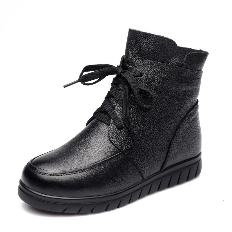 Women Snow Boots Vintage Genuine Leather Natural Wool Fur Winter Warm Ankle Boots For Women Flat Mother Shoes Wer4