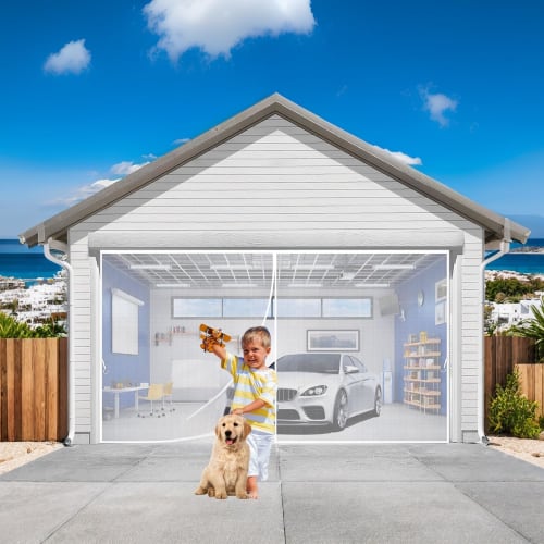 Magnetic Garage Door Screen, Car Mesh, 214cm x 244cm x 275cm x 305cm Tall, Double Door Mesh with Hook and Loop Tape, Heavy-Duty Retractable Fiberglass