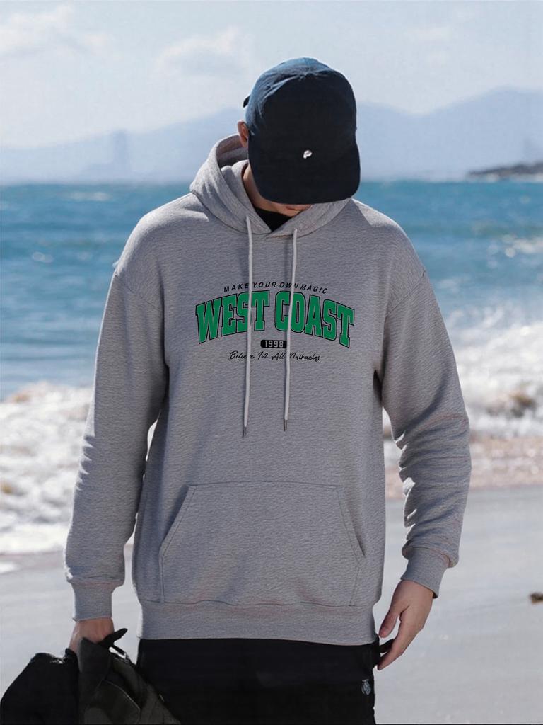 Westküsten Kunst Buchstabenmuster Herren Hoodie Bequem Herbst Streetwear Mehrfarbig Fleece Pullover Übergroße Tasche Kapuzenpullover
