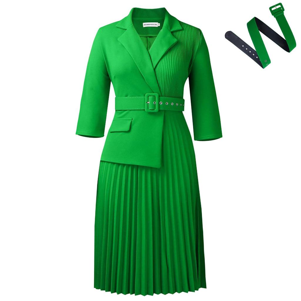 European & American Women's Autumn/Winter Pleated Suit-Collar Dress