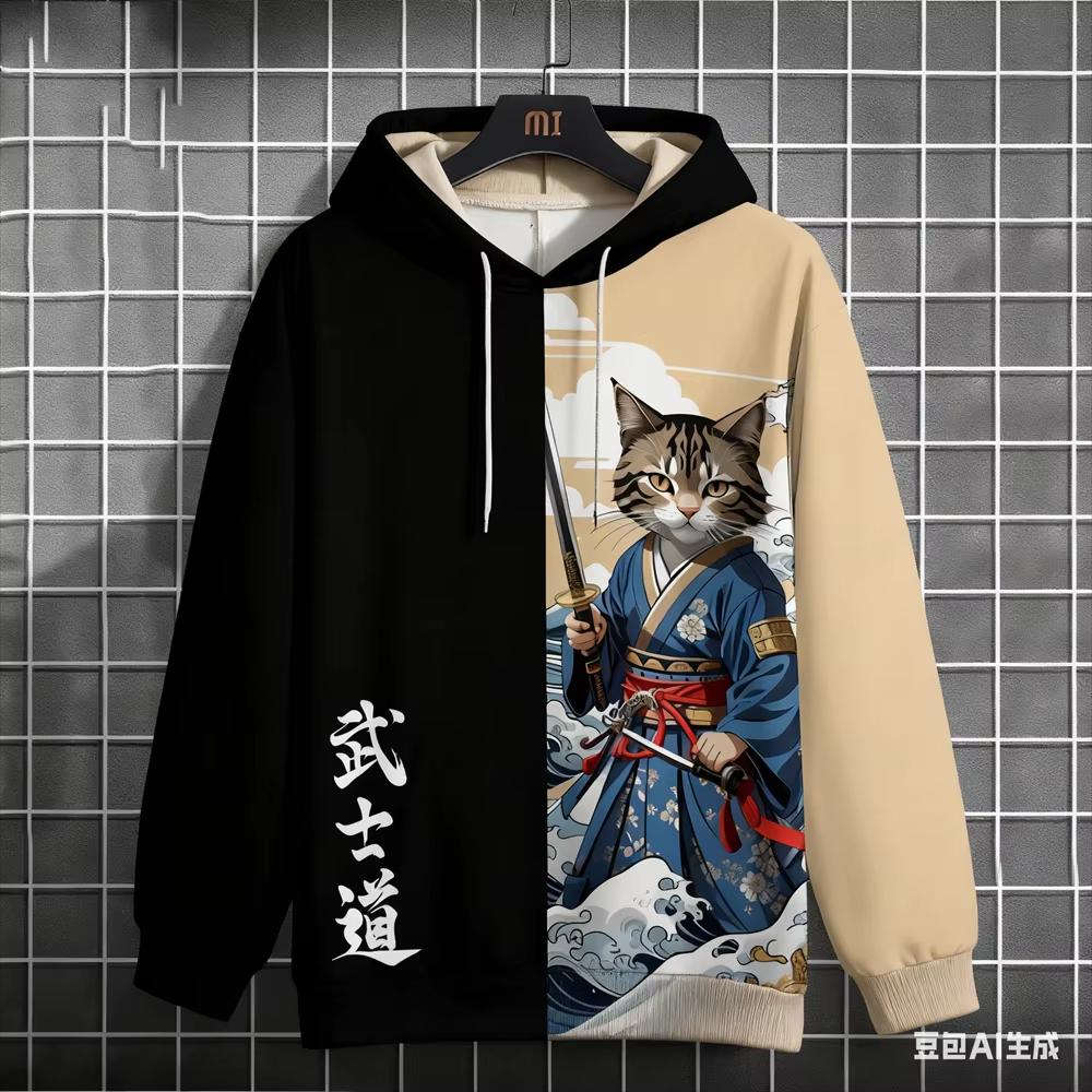 Bushido Sports Men's Hoodie, Funny 3D Samurai Cat Pattern Autumn Winter Casual Loose Streetwear