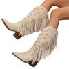 Women's autumn and winter western long boots, fringed solid color pointed-toe chunk-heeled high-heeled fashion boots long boots