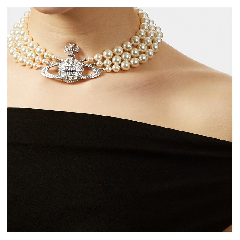 VIVIENNE WESTWOOD Three-row Bas-relief Brass Crystal Necklace for Women Silver 6303000702P127P127