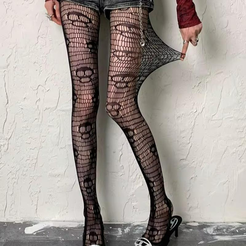 Gothic Dark Tights Sock Hollow Out Mesh Tight Stockings Fishnet Sexy Pantyhose Skull Spider Web Patterned Nylon Stretchy Hosiery