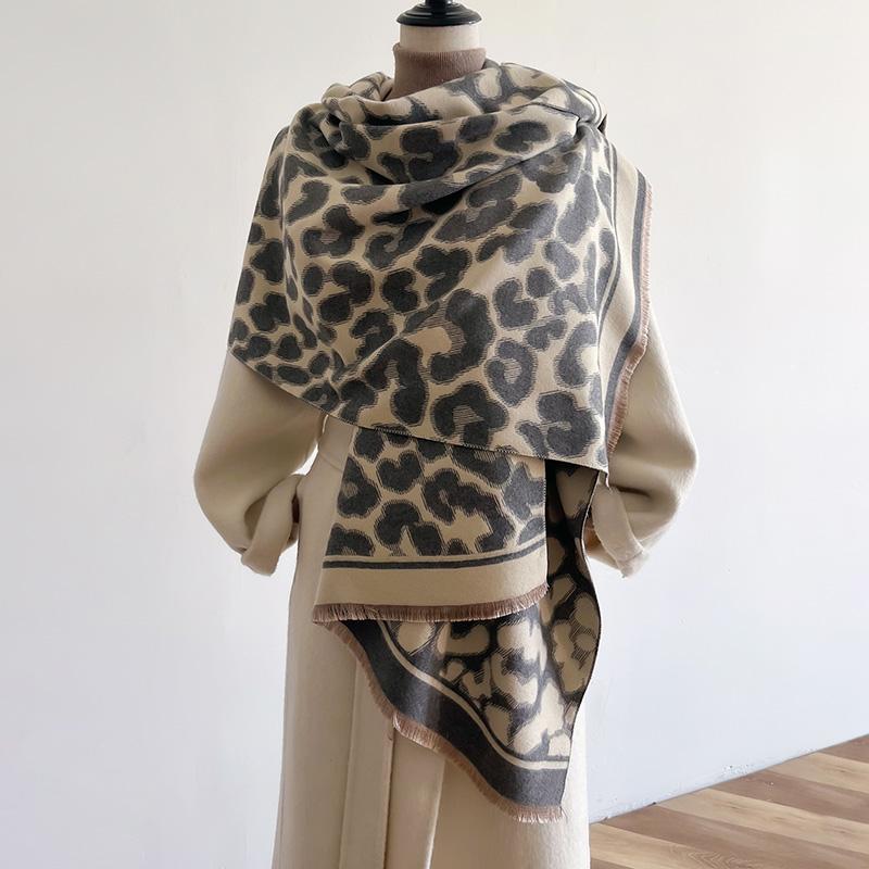 Luxury Winter Leopard Two-Sided Cashmere Jacquard Scarves High Quality Women Thicken Wrap Shawl Ladies Wool Pashmina Scarf