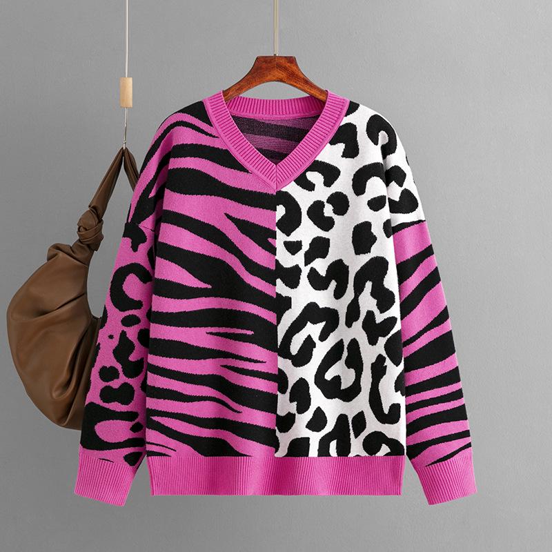 2023 Autumn/Winter Leopard Print Patchwork Knitwear Pullover Sweater