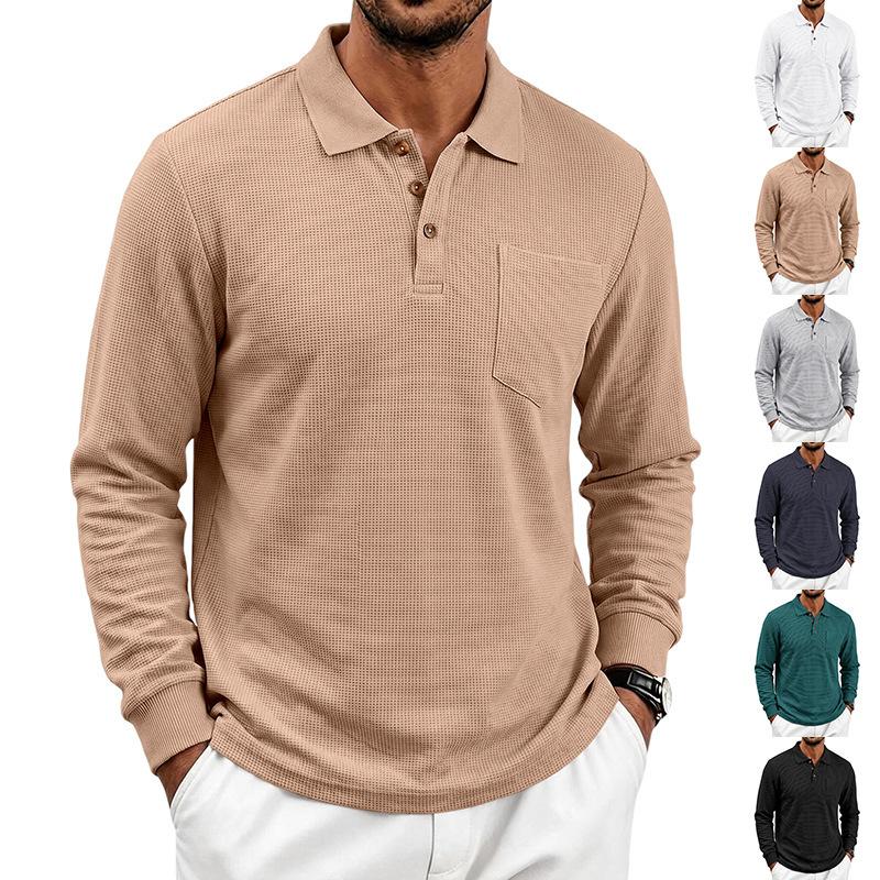 Men S Waffle Knit Long Sleeve Polo Shirt Casual Autumn