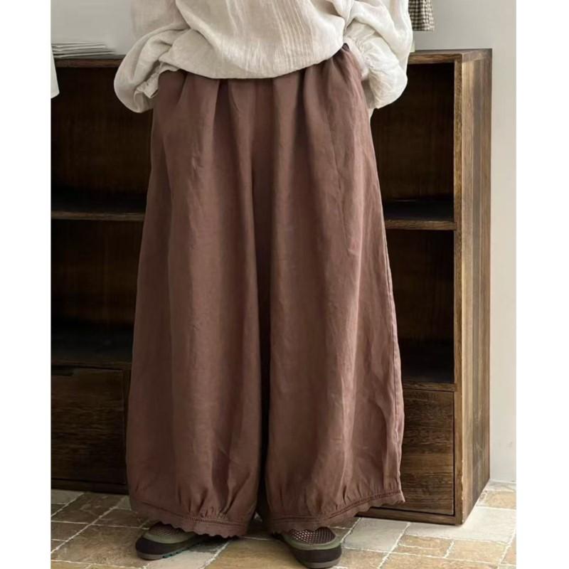 

Johnature Lace Nine-point Pants Retro Women Loose Versatile Casual Wide-leg Lace Casual Pants One Size кофейный