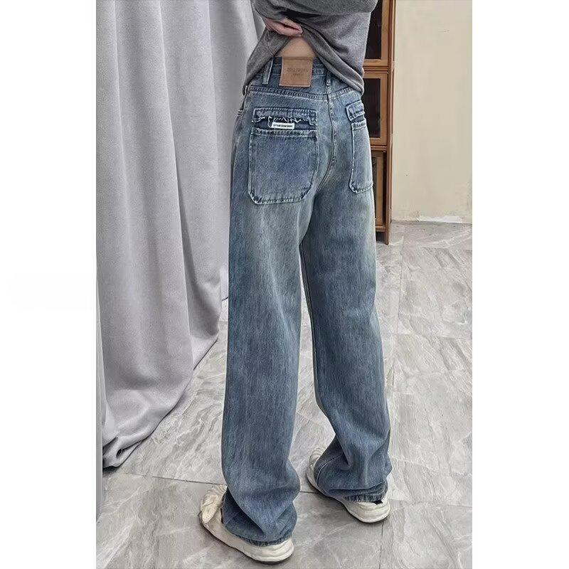 

Plus Size Retro High Waist Wide Leg Jeans: Women s Spring & Autumn Loose Slimming Straight Pants M синий