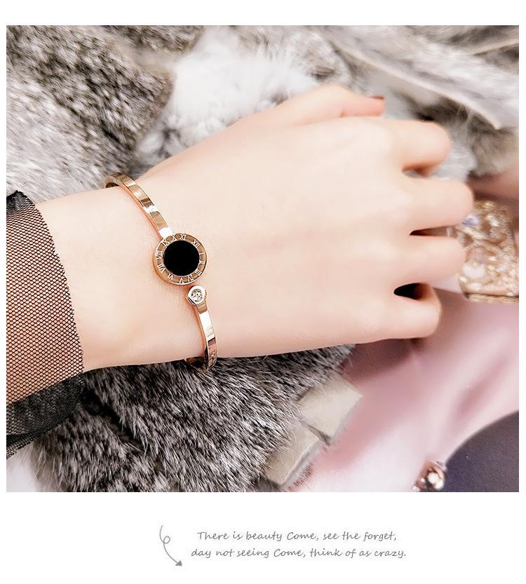European American Retro Roman Numeral Rose Gold Titanium Steel Open Cuff Bracelet with Rhinestones - Women's Simple Korean Style